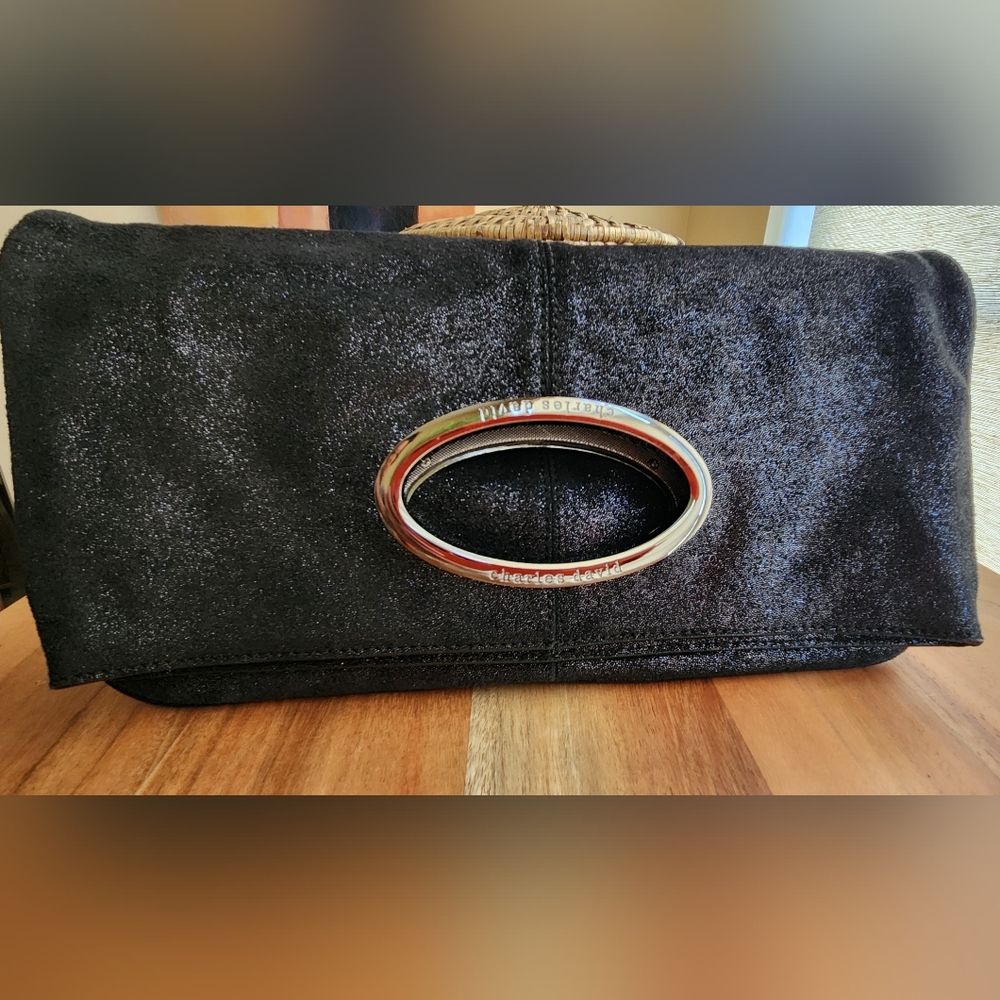 Charles David Glittery Black Suede Fold-over Clutch
